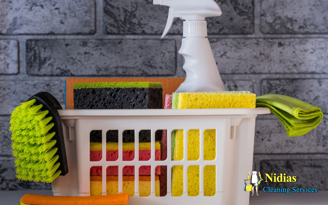 A portable caddy filled with essential cleaning supplies.