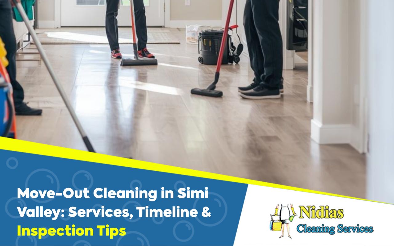 Professional cleaners following a move-out cleaning action in a Simi Valley rental property, focusing on kitchen and bathroom details.