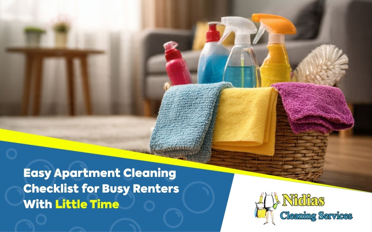 organized cleaning supplies for an apartment cleaning checklist for busy renters