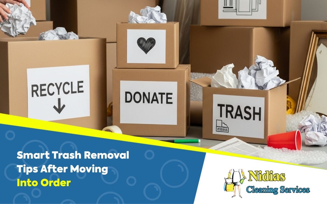 trash removal tips after moving with labeled boxes for sorting