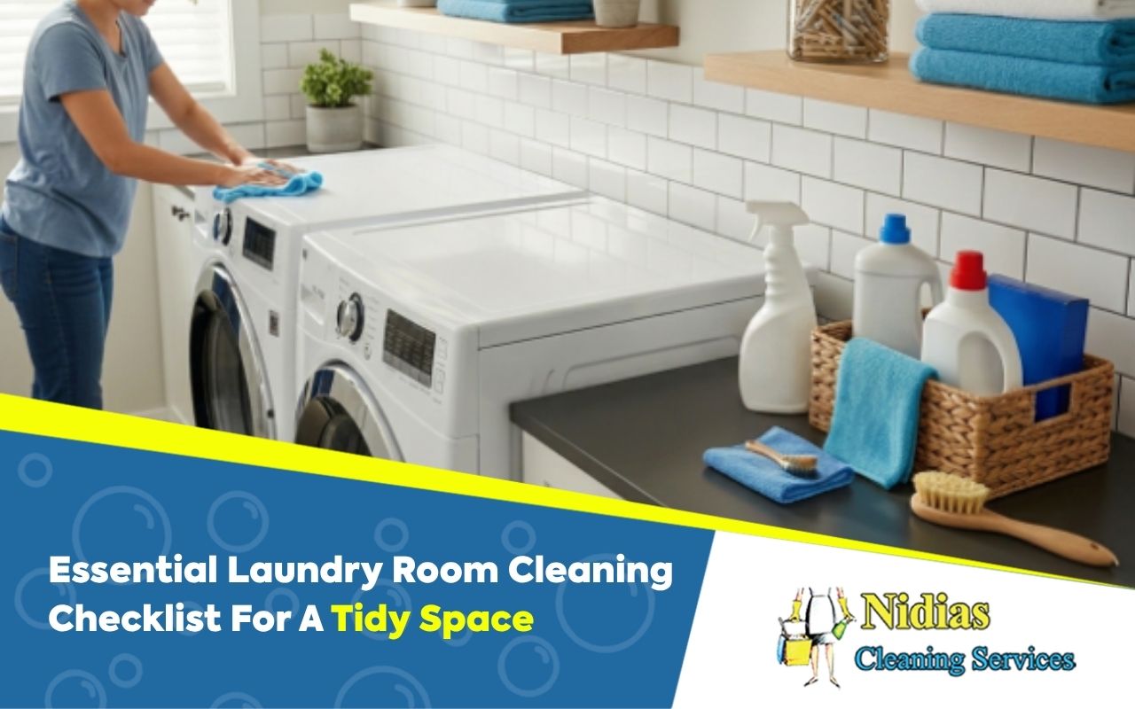 Laundry room cleaning checklist with organized supplies