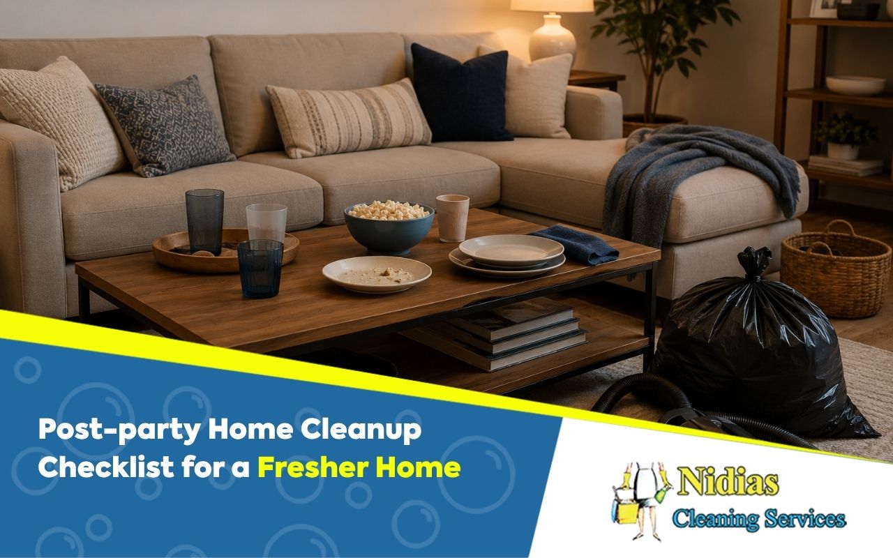 Post-party home cleanup checklist for resetting a living room after guests